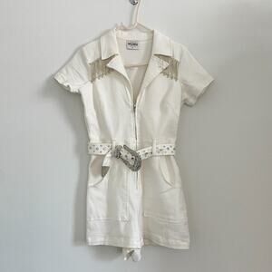 Show Me Your MuMu White Short Sleeve Romper with Silver Fringe & Belt